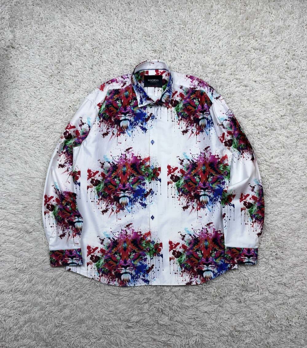 Maceoo Fibonacci Splash Lion Shirt Mens 6 2XL White Button Up Paint Splatter Art